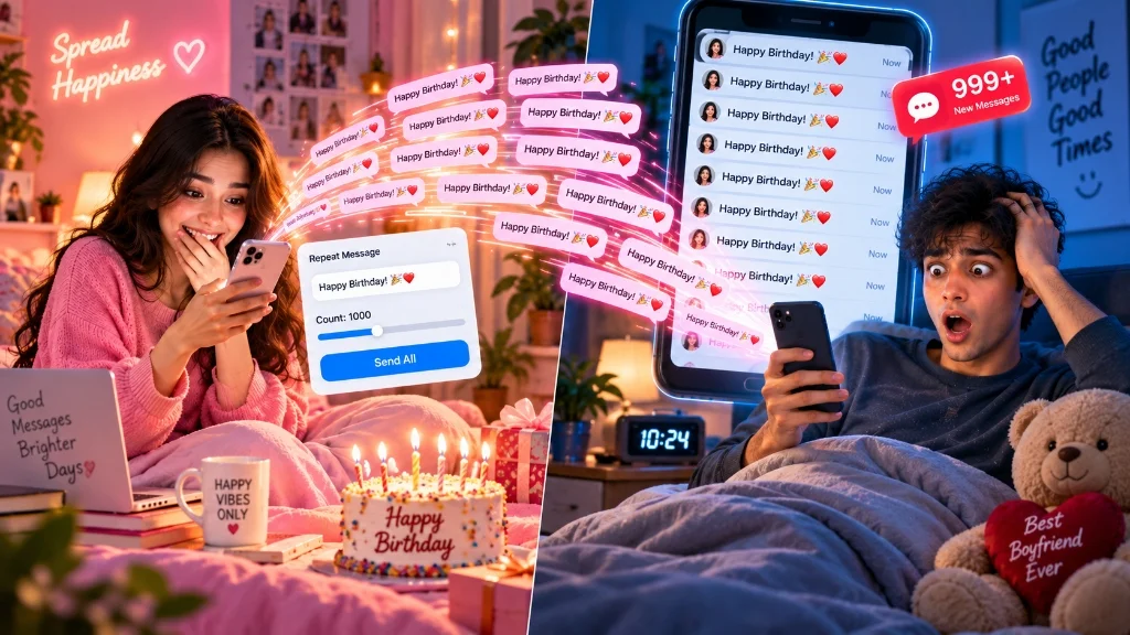 Happy Birthday text repeater 1000 times — generating repeated celebration wishes for WhatsApp